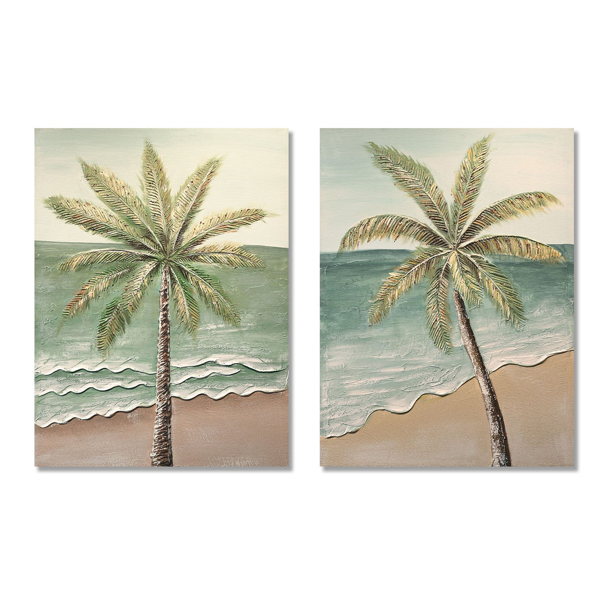 Arte de pared de palmeras, cuadro en lienzo de playa con detalles, decoración tropical texturizada pintada a mano (juego de 2) - Azul aguamarina