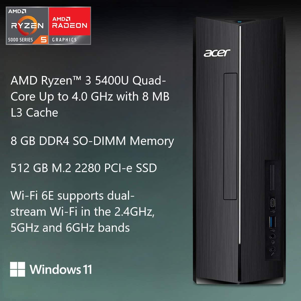 Acer - Aspire XC-1715_CZN-UB13 Desktop - AMD Ryzen 3 5400U 2021 - 8GB LPDDR5 Memory - 512GB Storage - USB Keyboard and Mouse - Black
