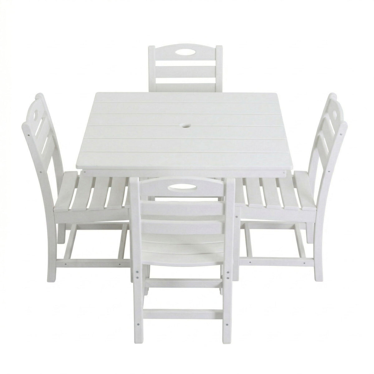 Juego de comedor para patio exterior, mesa cuadrada con orificio para sombrilla y sillas sin brazos