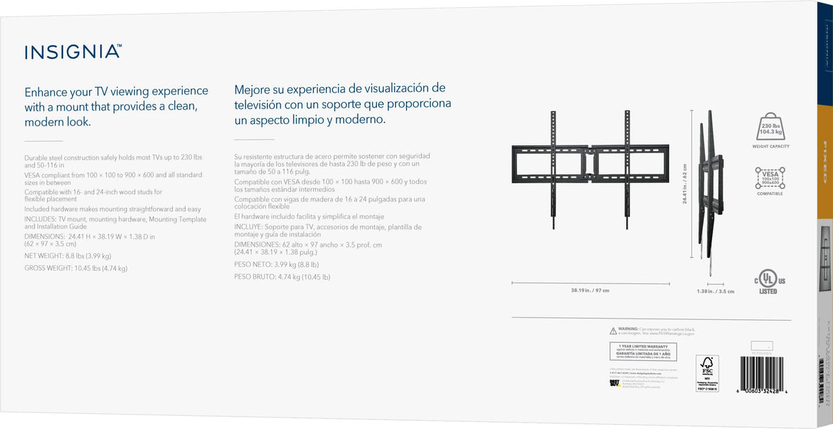 Insignia™ - Extra Large Fixed TV Wall Mount for Most 50"–116" TVs, Up to 230 lbs - Black