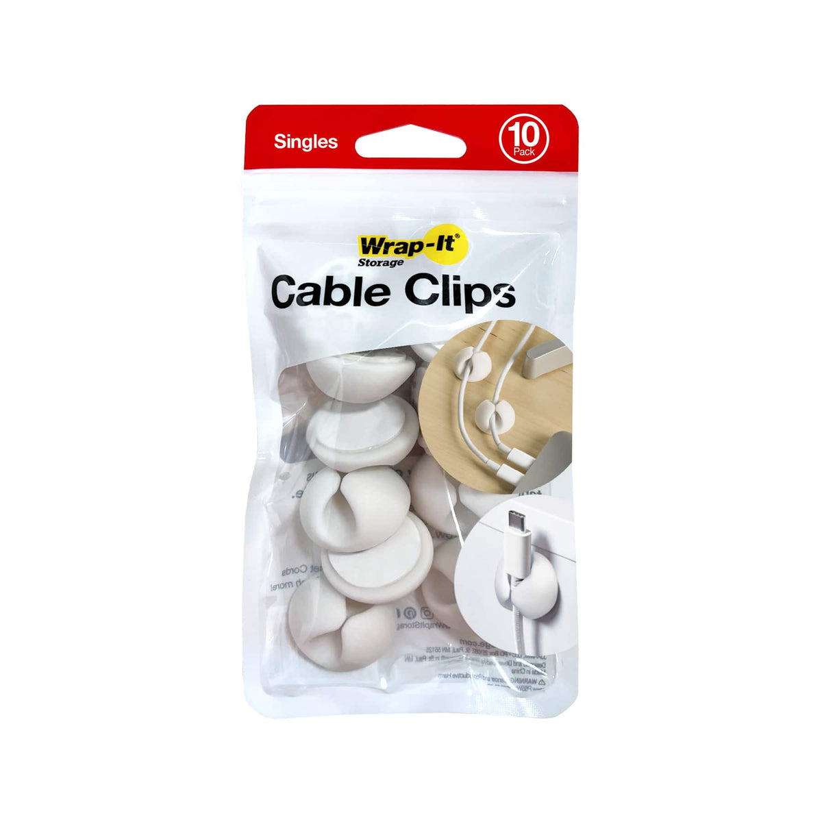 Wrap-It Storage - Cable Clips - Single (10-Pack) Silicone Adhesive Backed Cord Holders - White