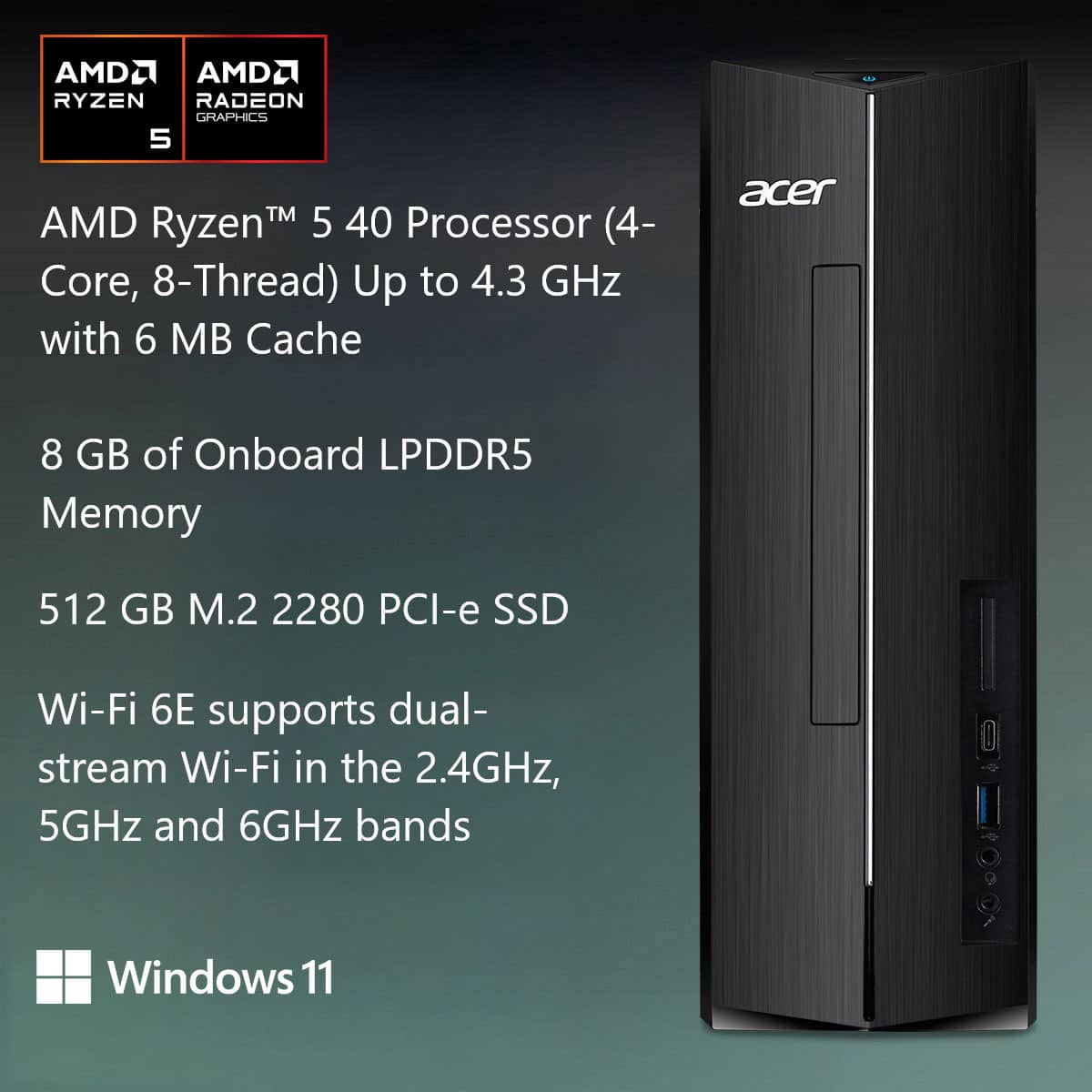 Acer - Aspire XC-1715_MDCR-UB32 Desktop - AMD Ryzen 5 40 Processor - 8GB LPDDR5 Memory - 512GB SSD - USB Keyboard and Mouse - Black
