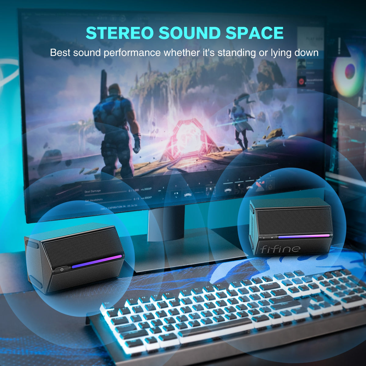 FIFINE - RGB Gaming Speakers, Wired Desktop PC Speakers with Volume Control, 3.5mm Aux for Laptop Monitor Phone Tablet - Black