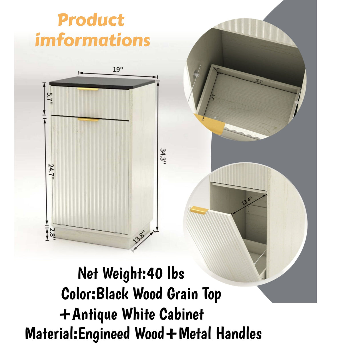 Tilt Out Trash Can Cabinet With Wave Textured Drawer & Pull Out Bin
