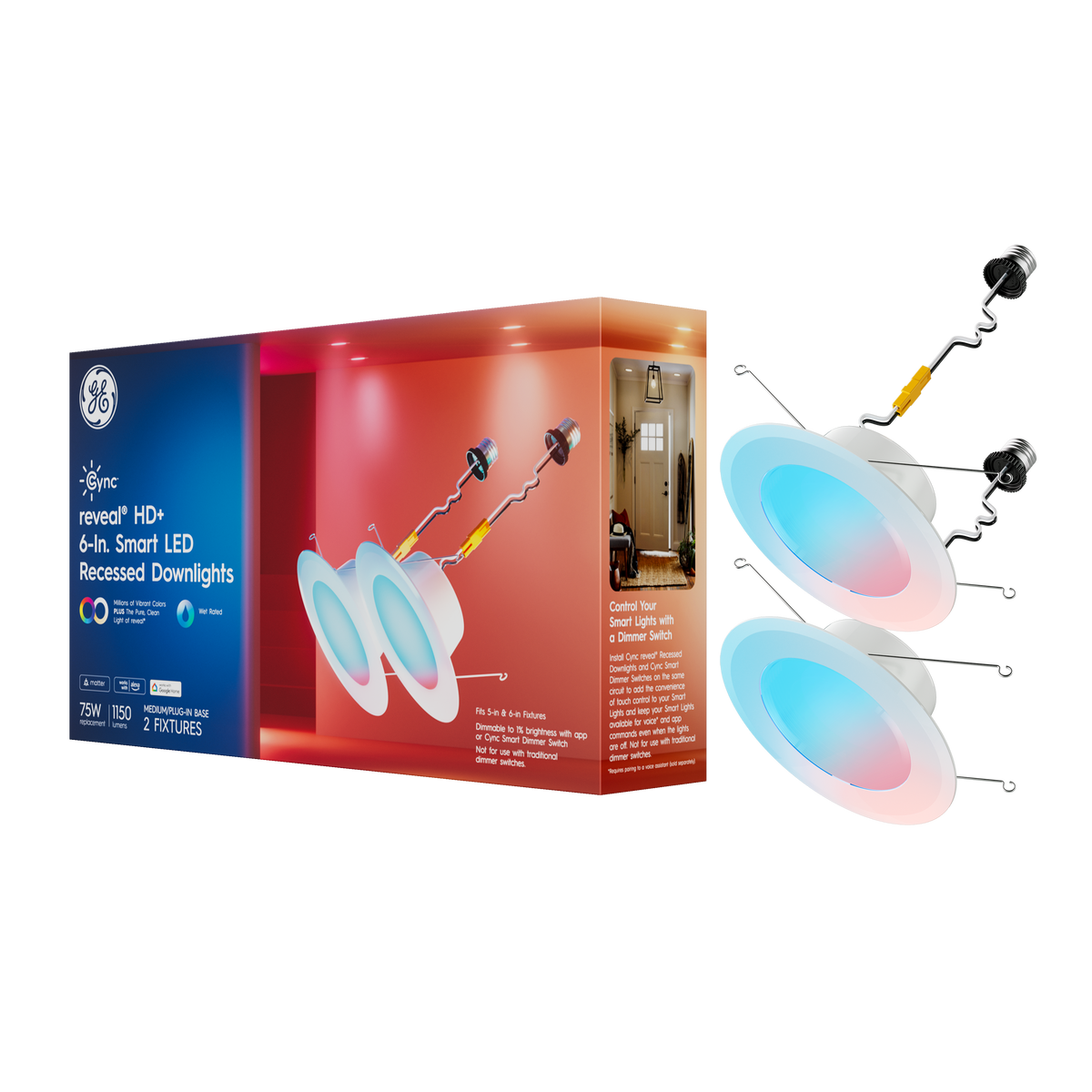 Cync - Reveal Smart LED Recessed Downlights, Color Changing, 6in, 2pk - Full Color