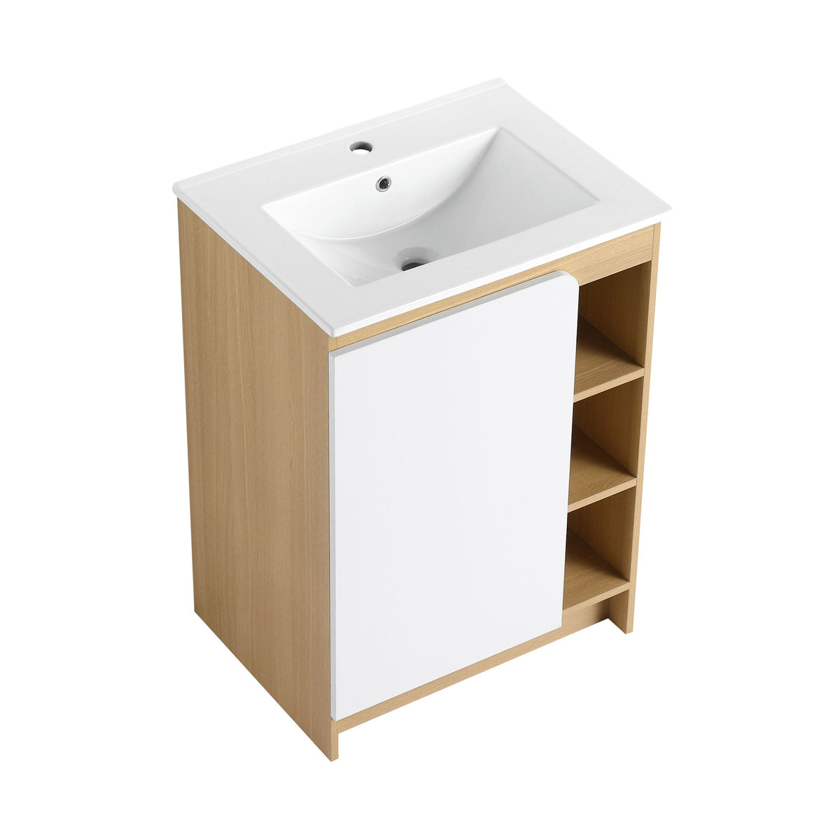 Tocador de baño independiente con lavabo de borde delgado, puerta única con estantes abiertos de 4 niveles - Roble claro / Blanco