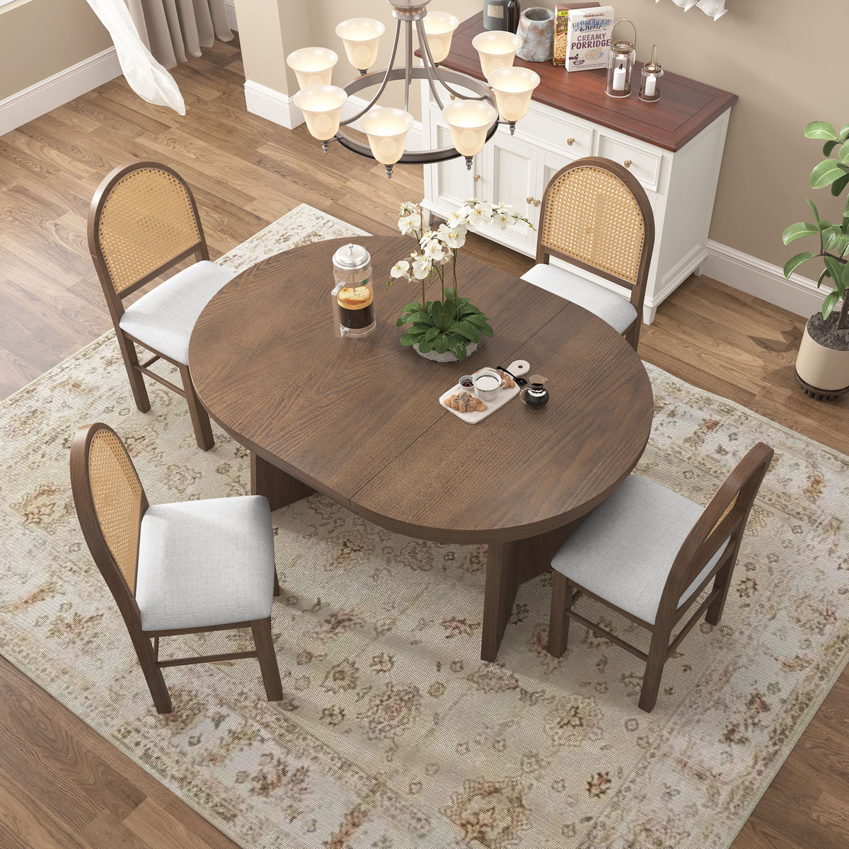 Juego de comedor redondo extensible para 4 personas con 4 sillas tapizadas - Beige / Nogal
