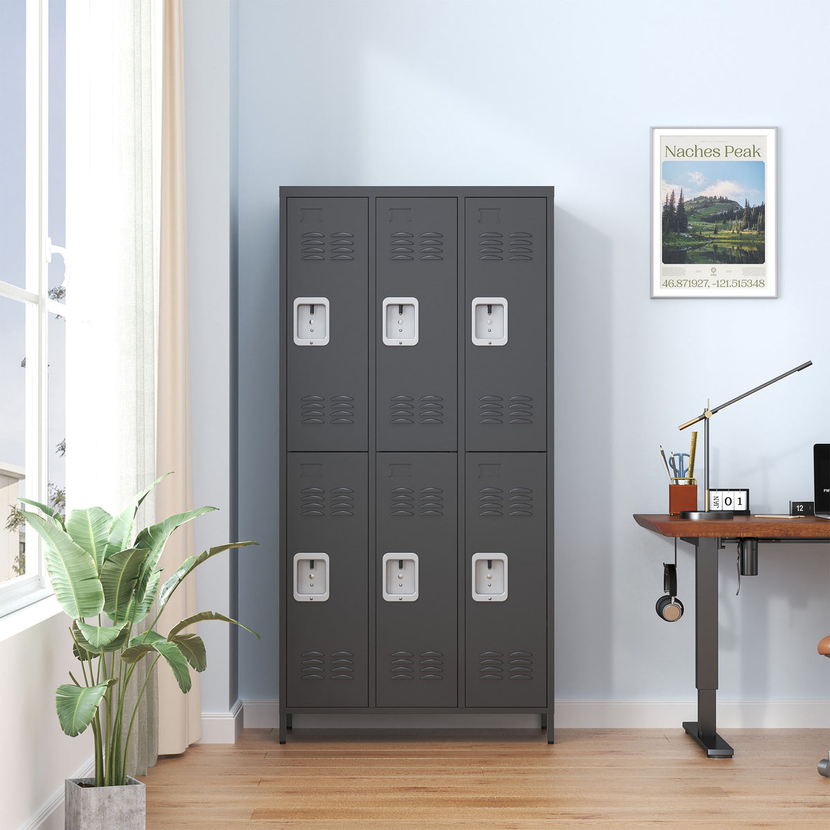 6 Door Lockers With Lock For Secure Storage - Black