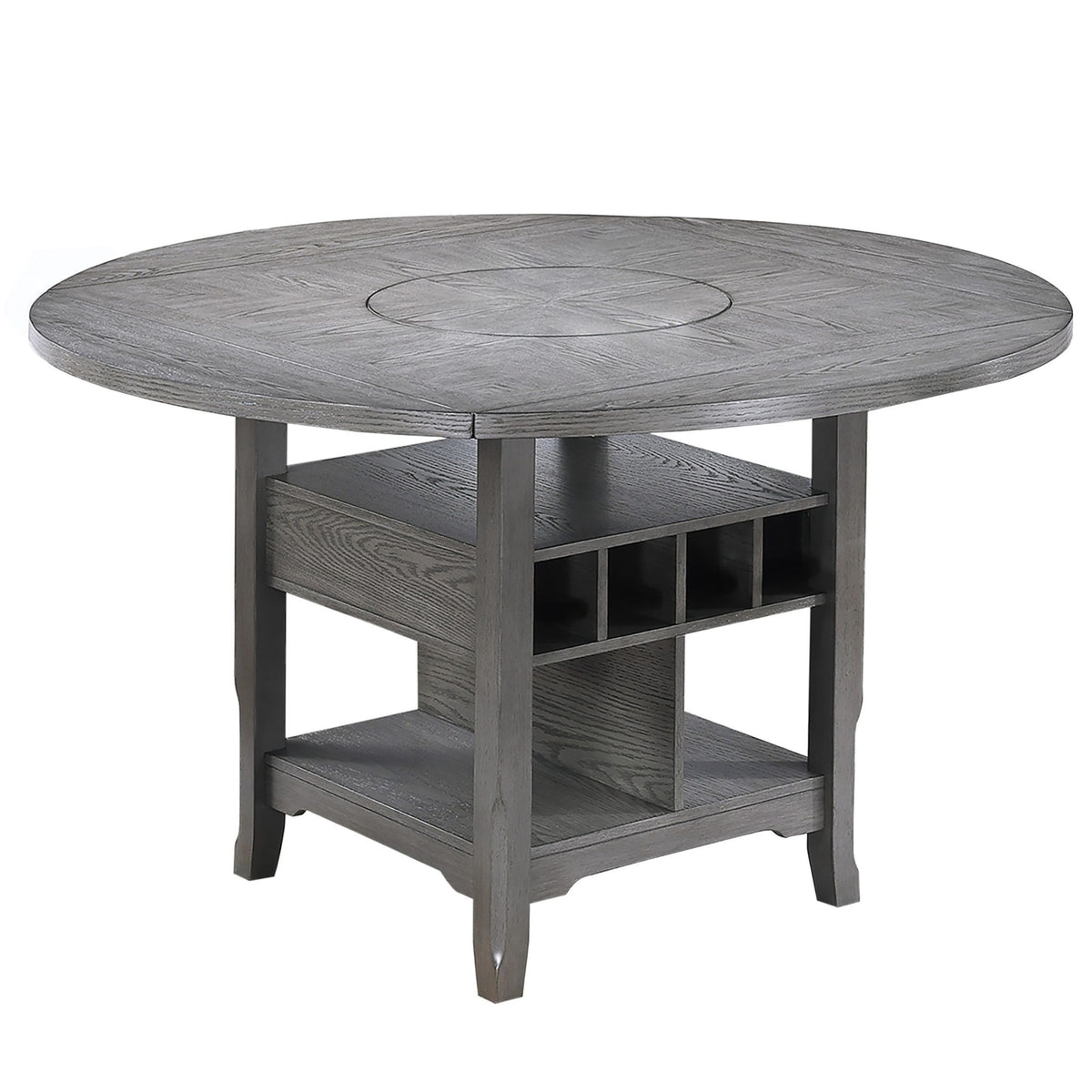 Mesa de comedor de altura de mostrador con bandeja giratoria integrada y estantes de almacenamiento