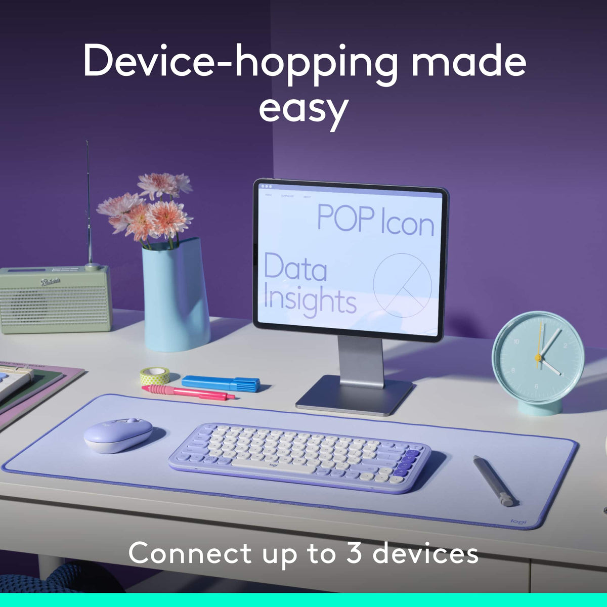 Logitech - POP ICON COMBO Compact TKL Wireless Bluetooth Keyboard and Mouse Bundle with Programmable Quiet Keys and Buttons - Lilac & Off-White