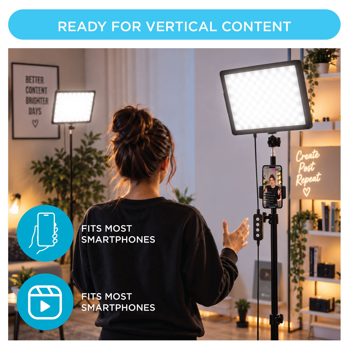 Bower - 12" Creator Light Kit with Two LED Panel Lights, 50" Stands and Phone Holders - Black