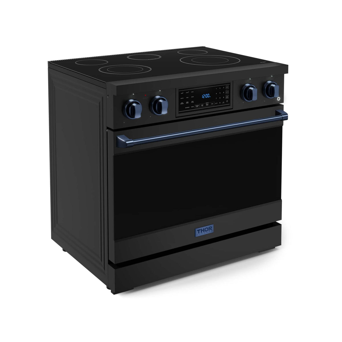 36 in. Wide 5 Elements Gordon Ramsay Series by Thor Kitchen 6.0 Cu.Ft Freestanding Electric Range with Navy Blue Handles - Black