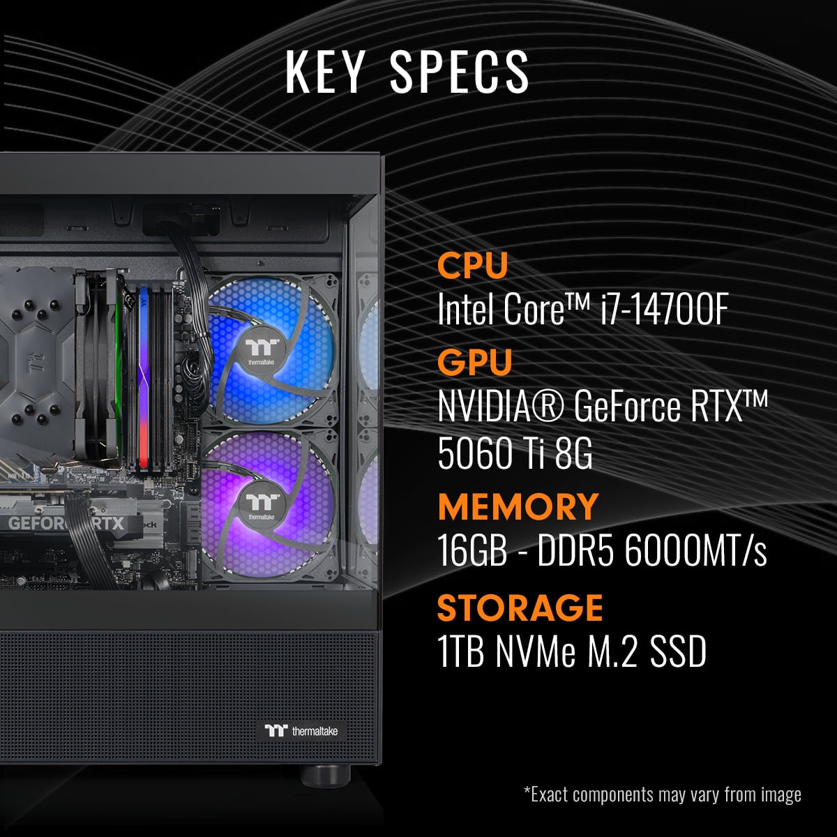 Thermaltake - LCGS View i560T-170 Gaming Desktop Intel Core i7,16GB RGB Memory, NVIDIA GeForce RTX 5060 Ti 8G, 1TB SSD NVMe M.2, Wifi - Black