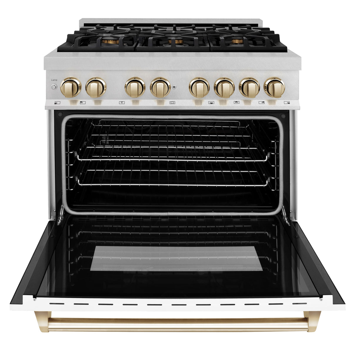 ZLINE - 36 in. Wide 6 Burner Autograph Legacy Dual Fuel Range in Satin Steel w/ White & Gold Accents (RASZ-WM-36-G) - Stainless Steel