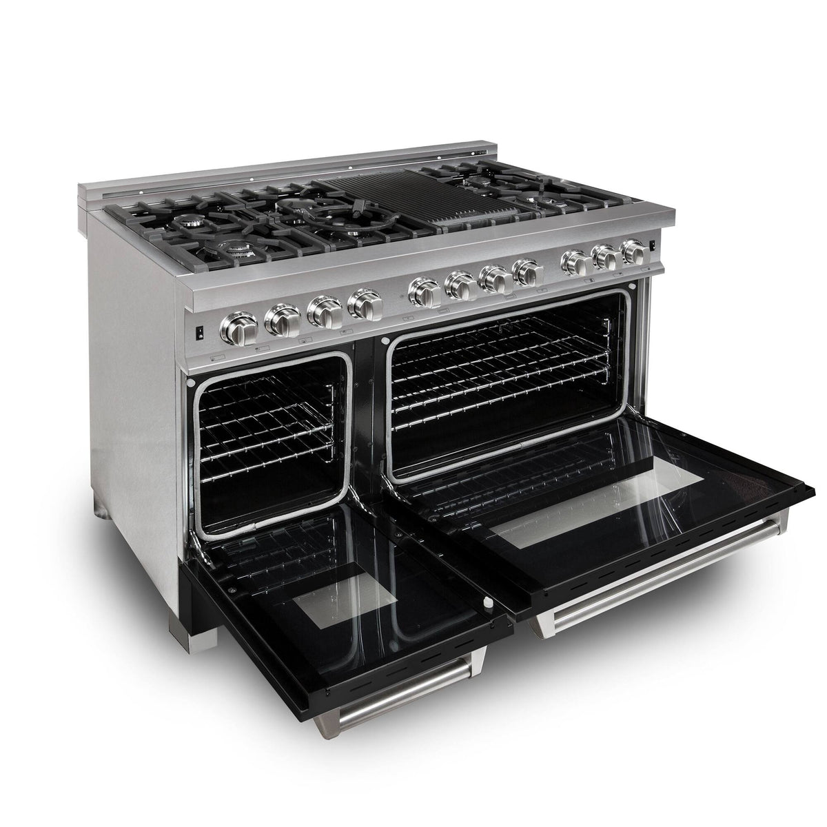 ZLINE - 48 in. Wide 7 Burner Legacy Dual Fuel Range in Satin Stainless Steel w/ Black Matte Doors (RAS-BLM-48) - Stainless Steel/Black Matte Door