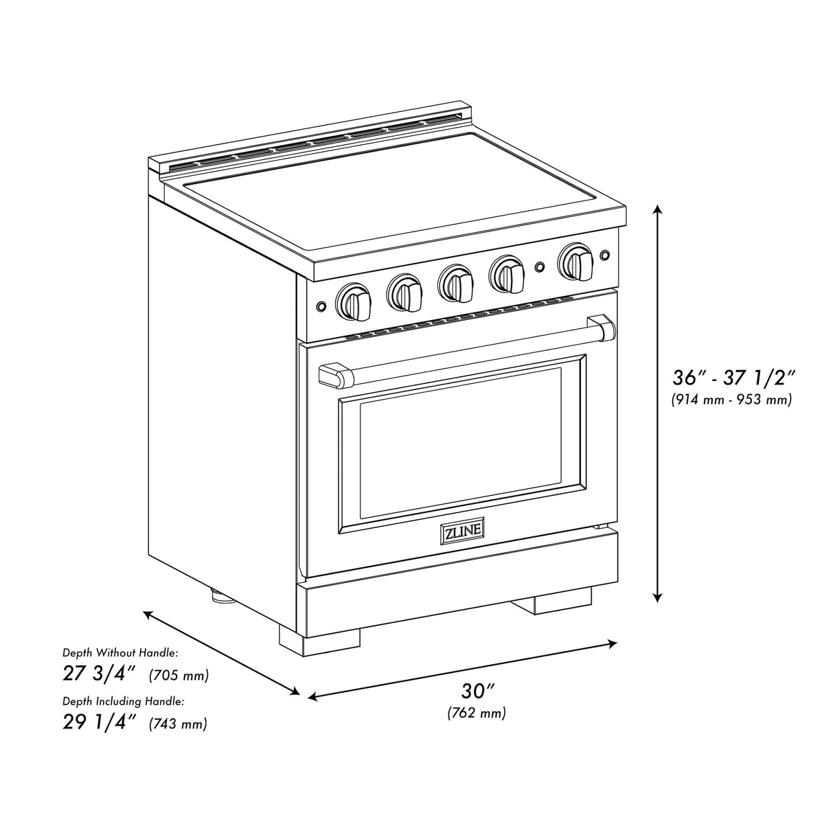 ZLINE - 30 in. Wide 4 Elements Autograph 4.2 cu. ft. Paramount Freestanding Induction Range with Electric Oven w/ Bronze Accents - Stainless Steel