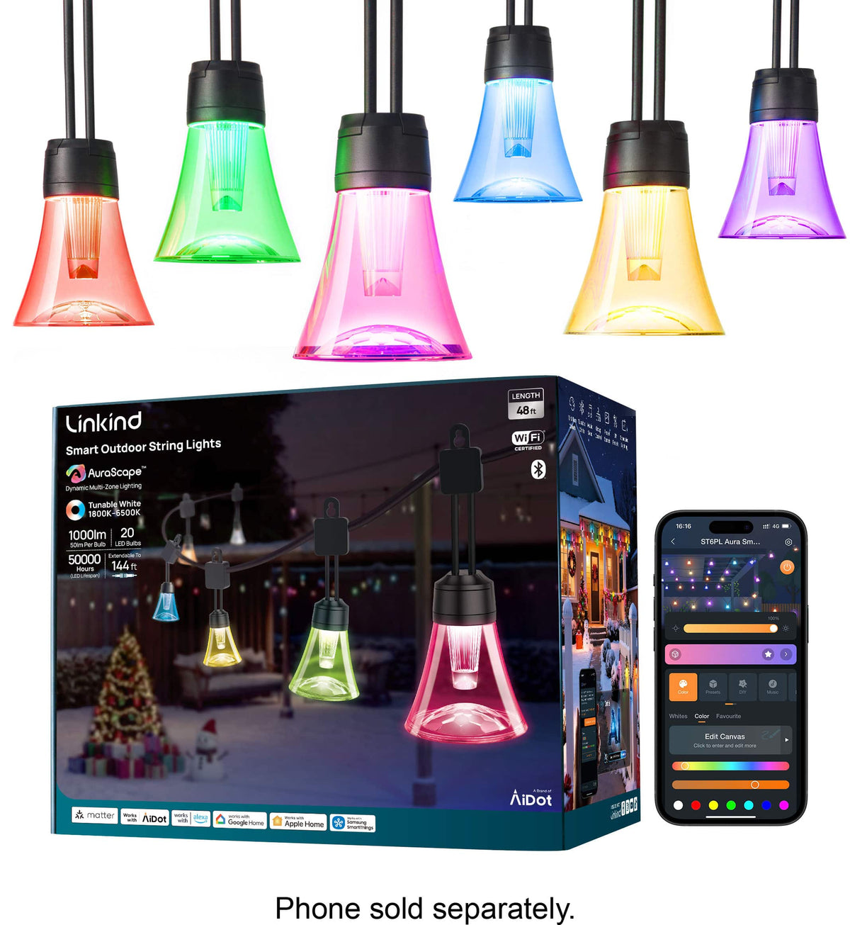 Linkind - 48ft Smart Outdoor String Lights, Matter Compatible, AI Effects, IP67 Waterproof, Works with Alexa, Google Home - Black
