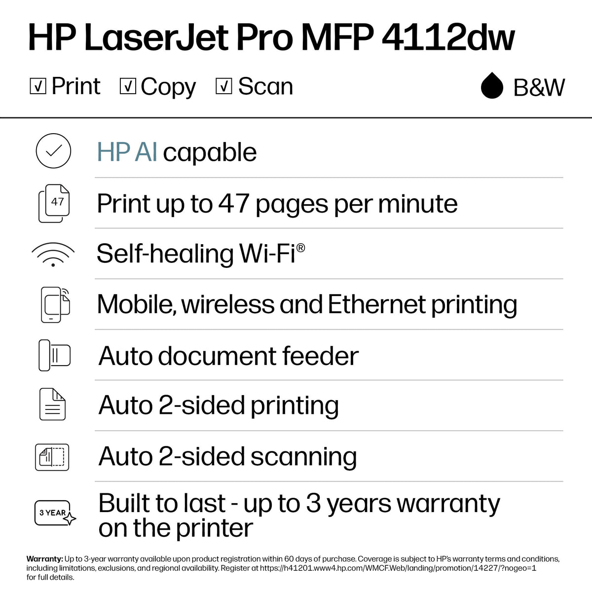 HP - LaserJet Pro MFP 4112dw Wireless Black & White All-in-One Laser Printer, Scan, Copy, Fax, 2-Sided Printing, AI-Enabled - White