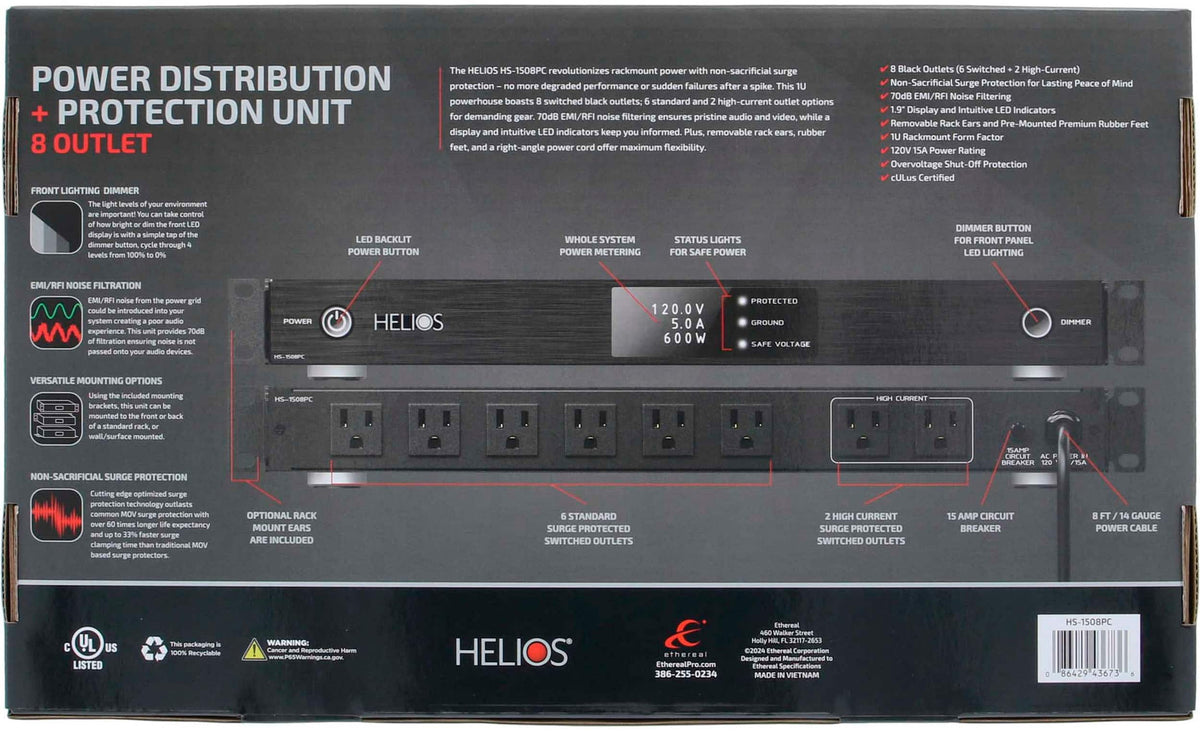 Ethereal - HELIOS 8-Outlet Unlimited Joules Surge Protector - Black Brushed Aluminum