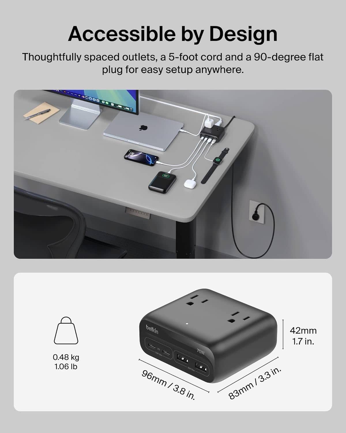 Belkin - 3-Outlet Charging Station, USB-A and USB-C ports, up to 70W Power Delivery for iPhone, Apple Watch, iPad, MacBook - Black