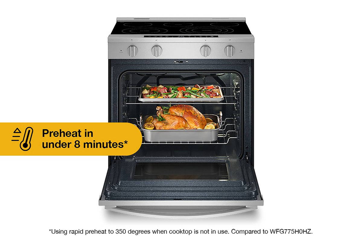 Whirlpool - 30” Wide 5 element 5.3 cu. ft. Smart Slide-In Electric Range-Air Cook Technology, No Preheat Air Fry, WipeClean Coating - Black Stainless Steel