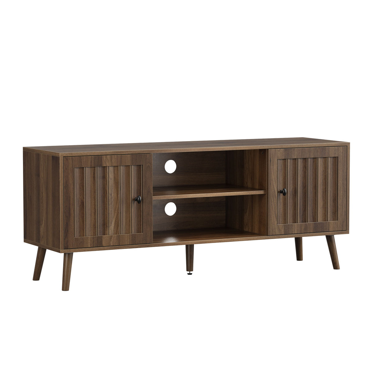 Mueble para TV de 55" con puertas de ranuras verticales, estantes ajustables - Nogal