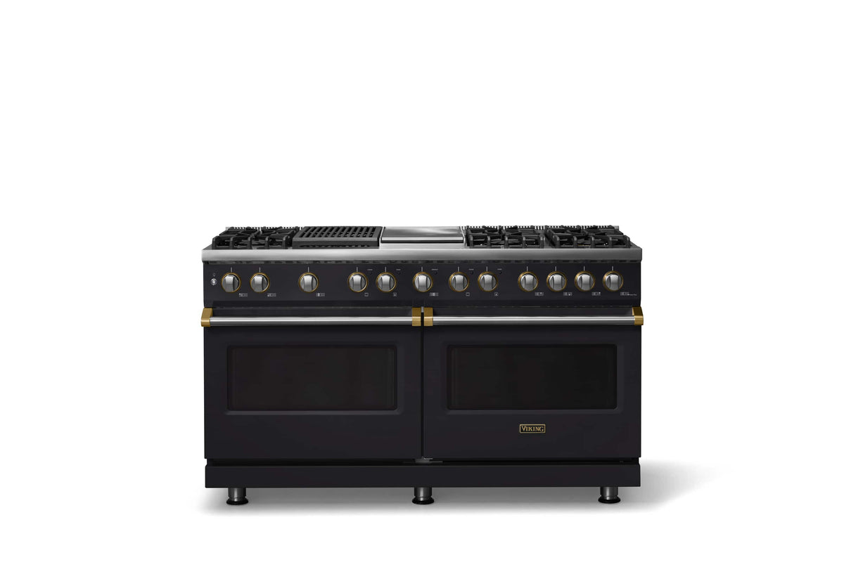 Viking - 60"W. 8 Burner Pro 5 Series 9.4 Cu. Ft. Freestanding Sealed LP Dual Fuel ConvectionRange with Brushed Brass Trim - Onyx