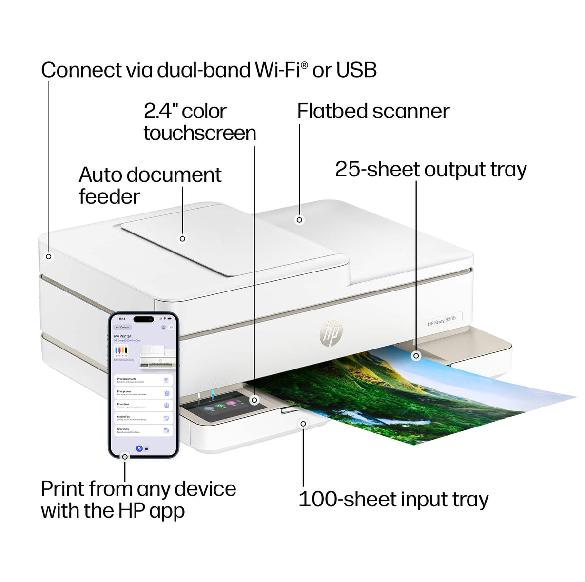 HP - Envy 6555 Wireless AI-Enabled All-in-One Inkjet Printer with 3 Months of Instant Ink - White