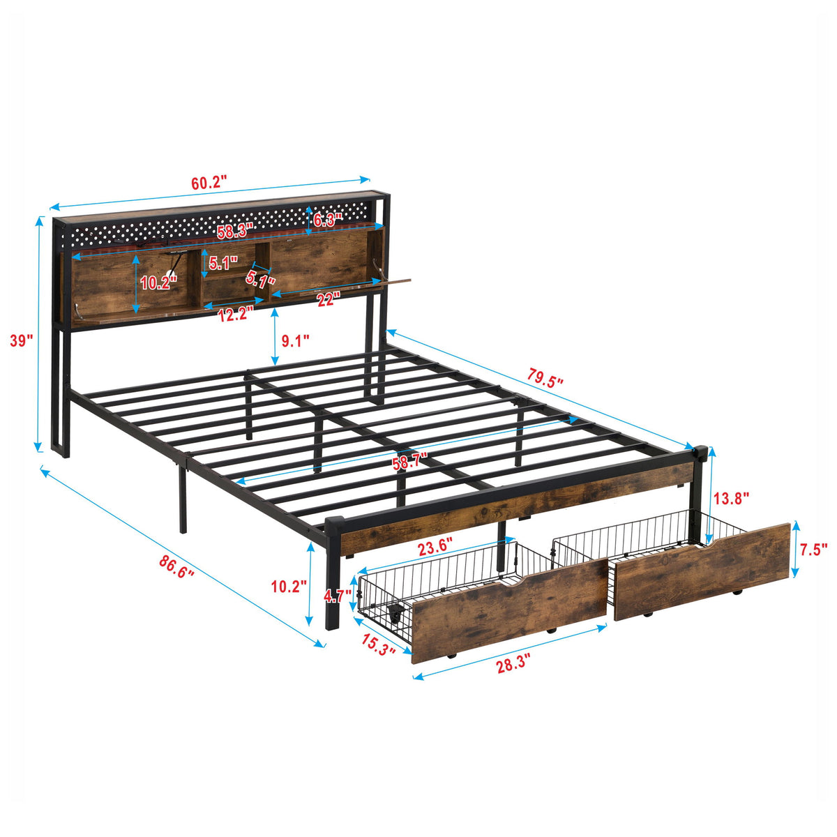 Modern Platform Bed, USB Charging Station, 2 Drawers, LED Lights