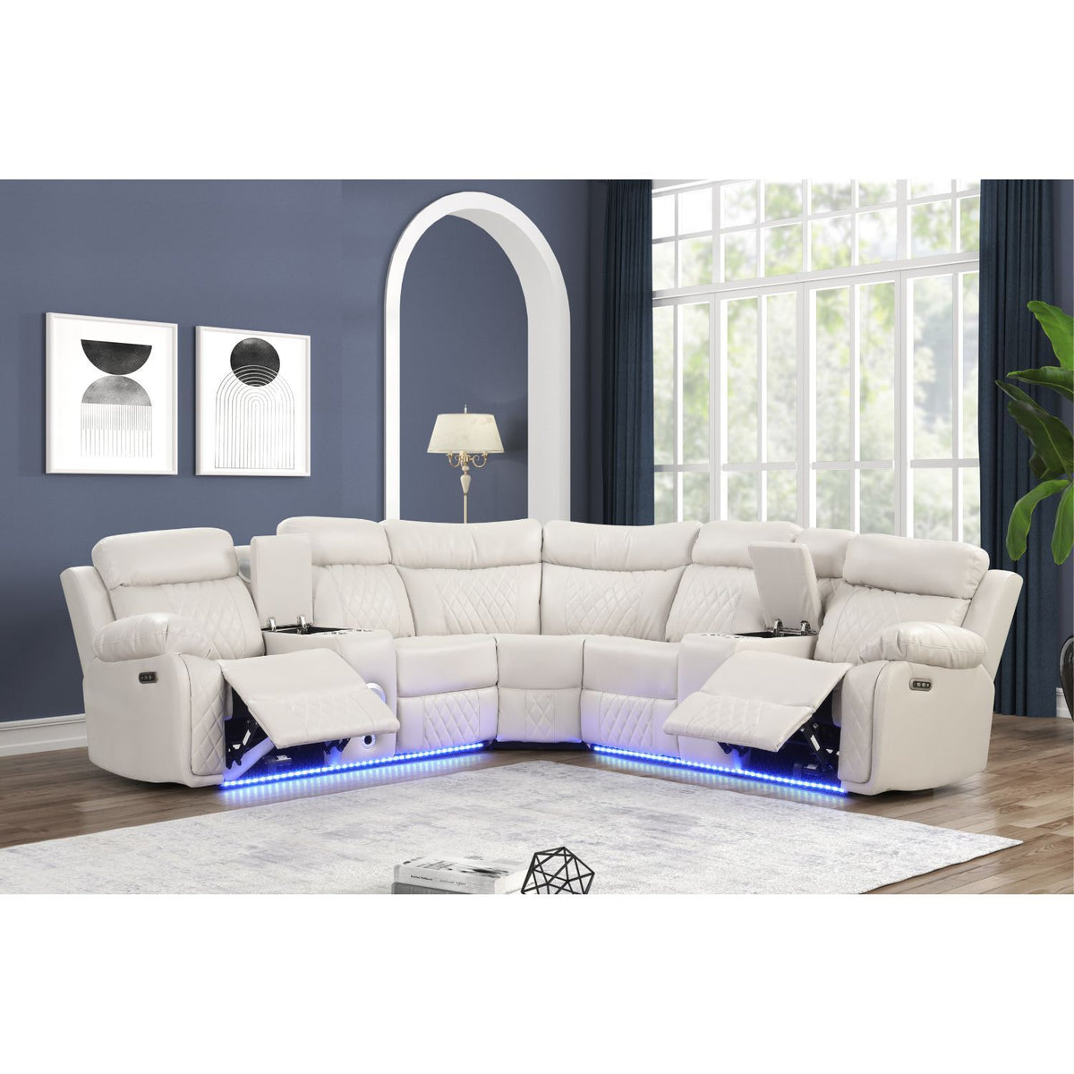 Lacrosse - Sofá Seccional Reclinable Eléctrico y Altavoces Bluetooth, Luces LED, Consola de Almacenamiento, Portavasos y Carga USB - Beige