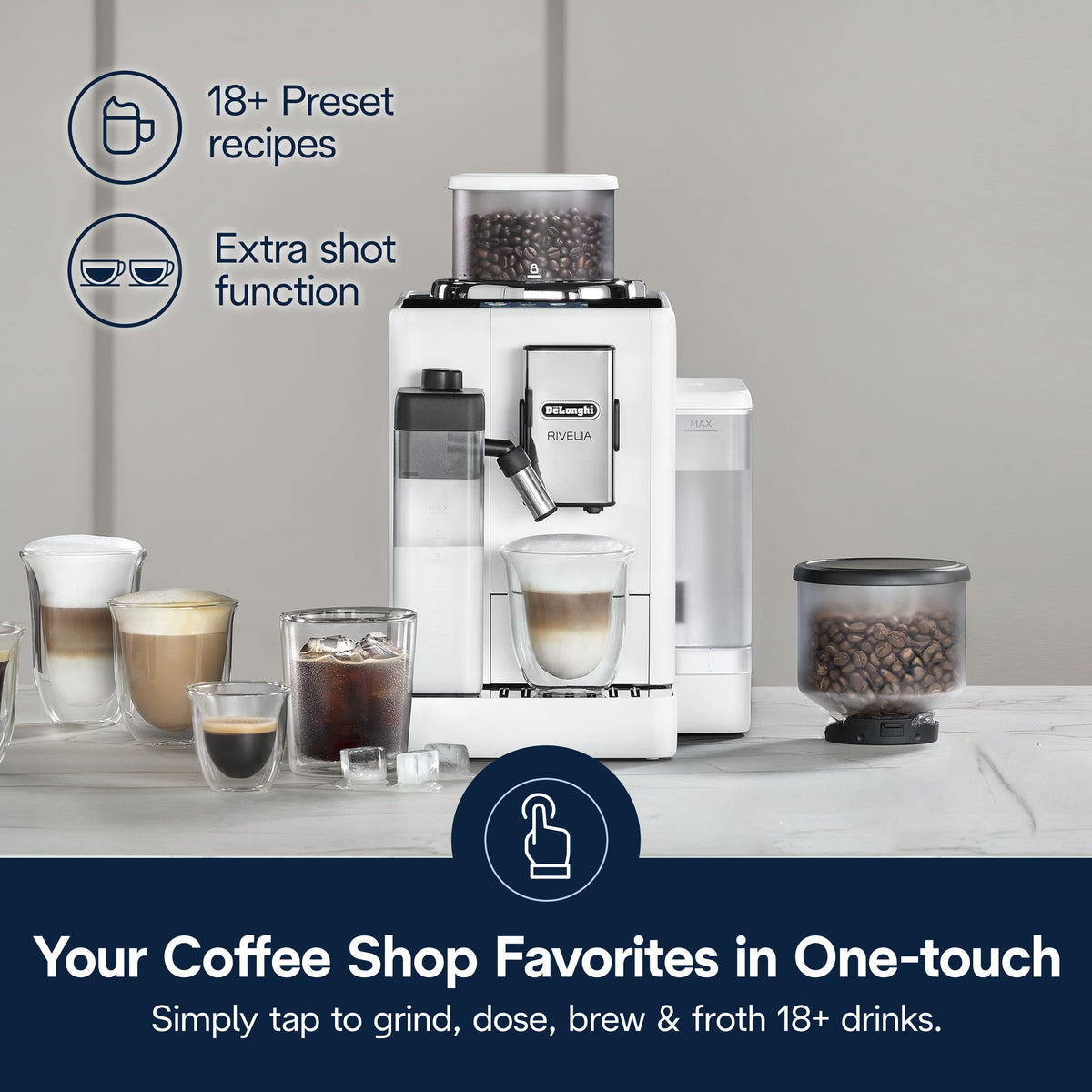 De'Longhi - Rivelia Fully Automatic Espresso Machine, Integrated Grinder, 2 Removable Bean Hoppers, Automatic Milk Frother - Arctic White