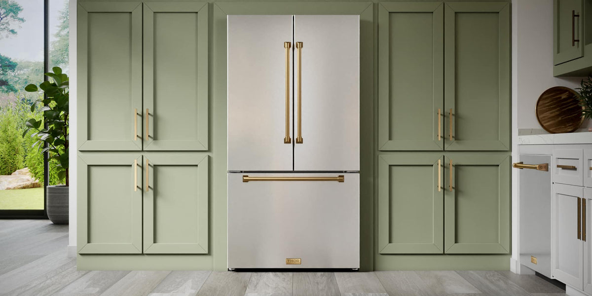 36 in. Wide Gordon Ramsay Series by Thor Kitchen 20.3 Cu. Ft. Counter Depth Refrigerator with Navy Blue Hardware - Stainless Steel