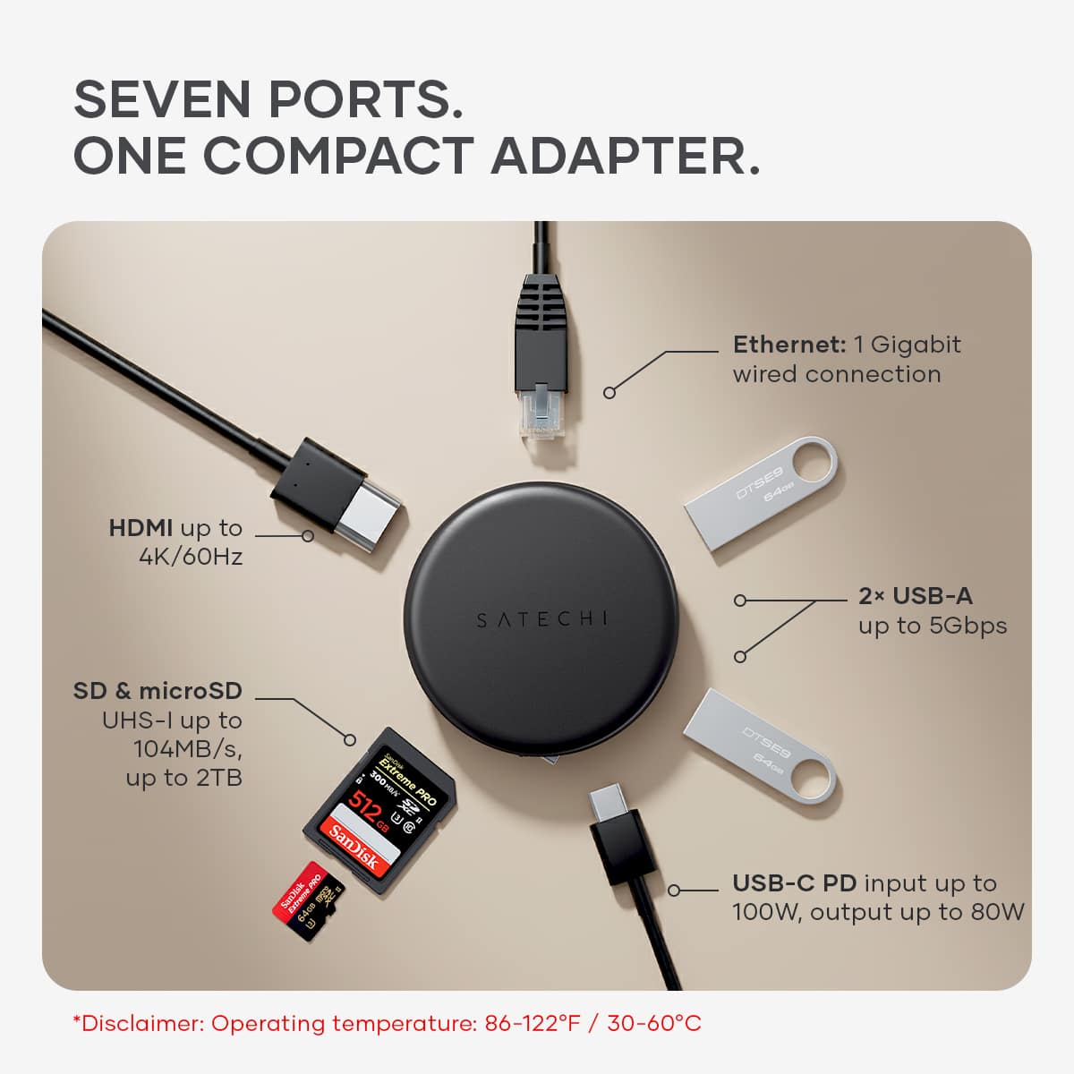 Satechi - OntheGo 7-in-1 USB-C Hub, 100W PD, HDMI 4K/60Hz, Ethernet, SD/microSD, for Mac & Windows - Space Black