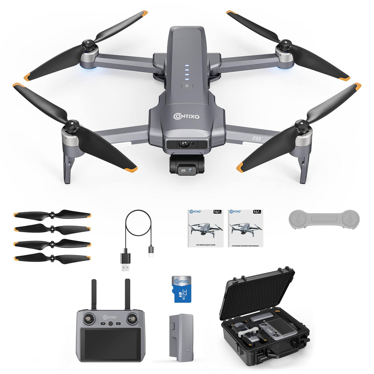 Contixo - F33 Vortex 4K GPS Drone with 2-Axis Gimbal, 6KM Range, 40-Min Flight, 5.5" HD Screen & Brushless Motor - Dark Gray
