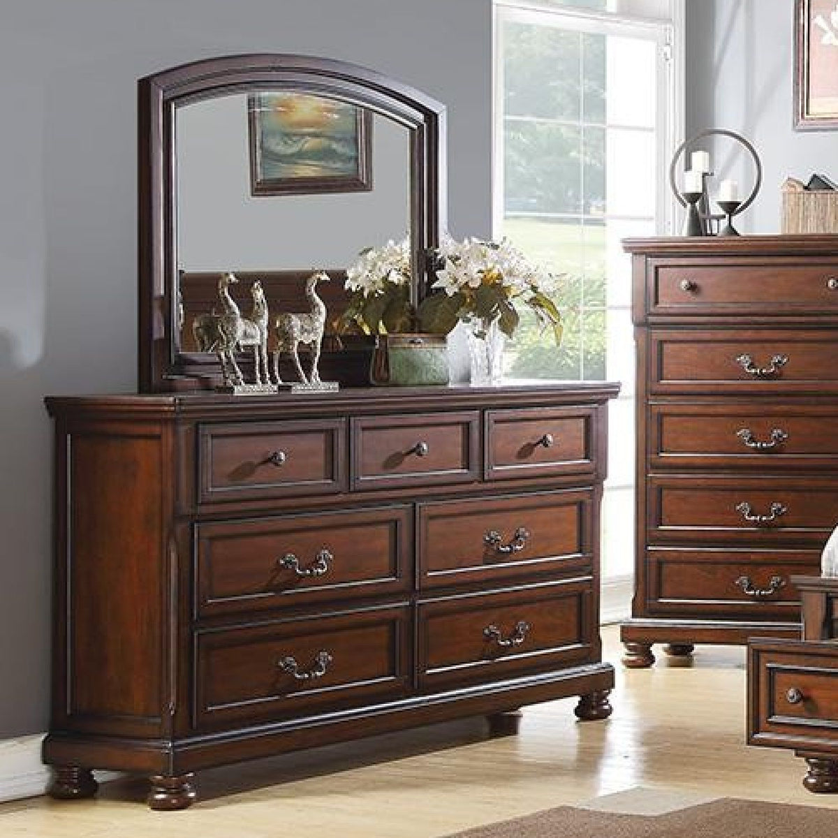 Cómoda con 3 cajones pequeños y 4 grandes, tiradores redondos, mueble de dormitorio - Cerezo