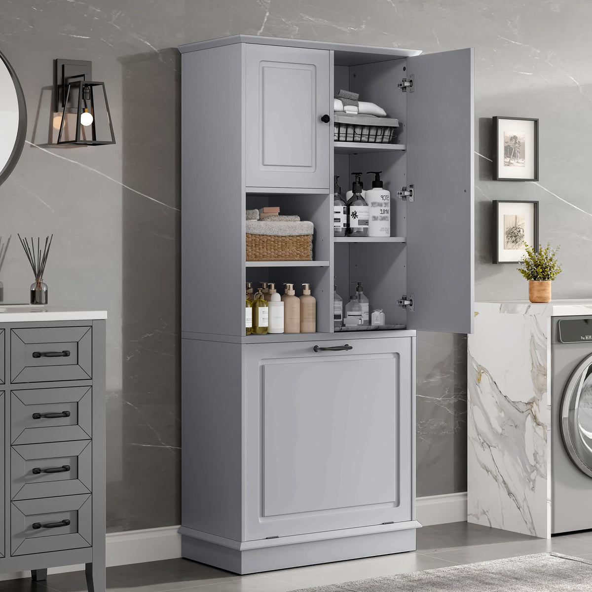 Armario alto moderno con estantes ajustables, cesta extraíble y puertas cerradas