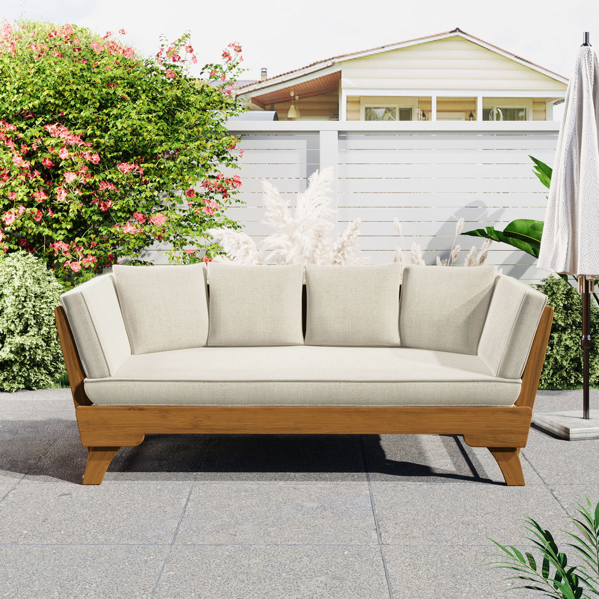 Outdoor Patio Daybed Sofa, 3 Seat Sofa With Foldable Arm 4 Back Pillows