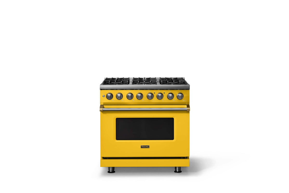 Viking - 36"W 5.6 Cu.Ft. Pro5S Freestanding Sealed 6 Burner Dual Fuel Convection LP Range - Daffodil w. Brushed Brass Trim - Daffodil