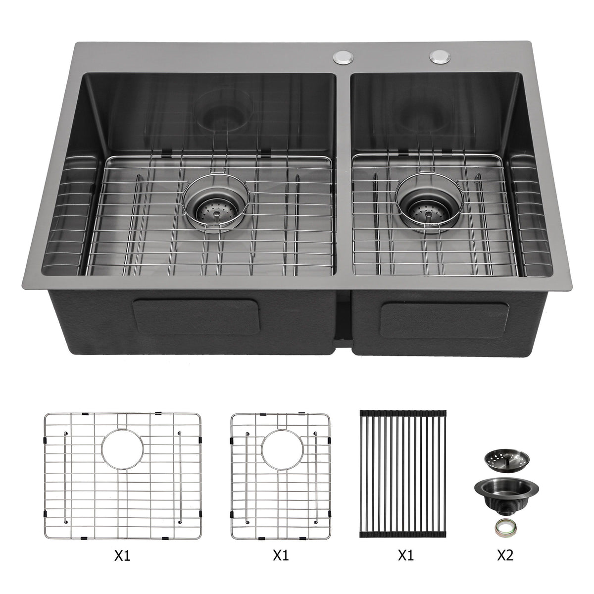 Double Bowl Kitchen Sink 16 Gauge 33" X 22" With 2 10" Deep Basins - Gunmetal Black