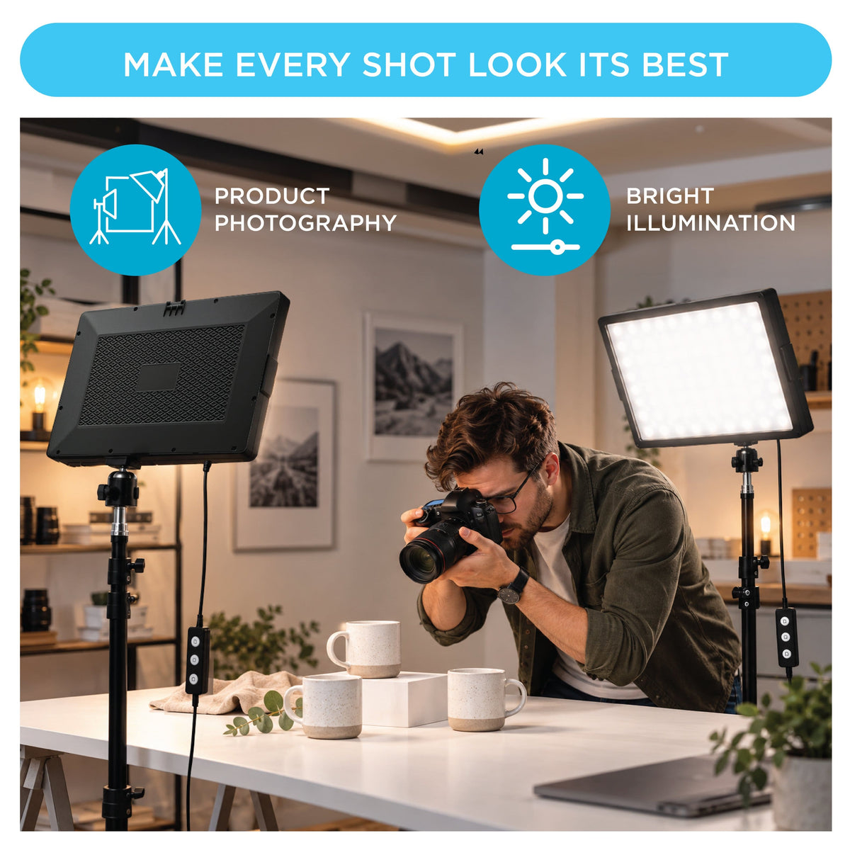 Bower - 12" Creator Light Kit with Two LED Panel Lights, 50" Stands and Phone Holders - Black