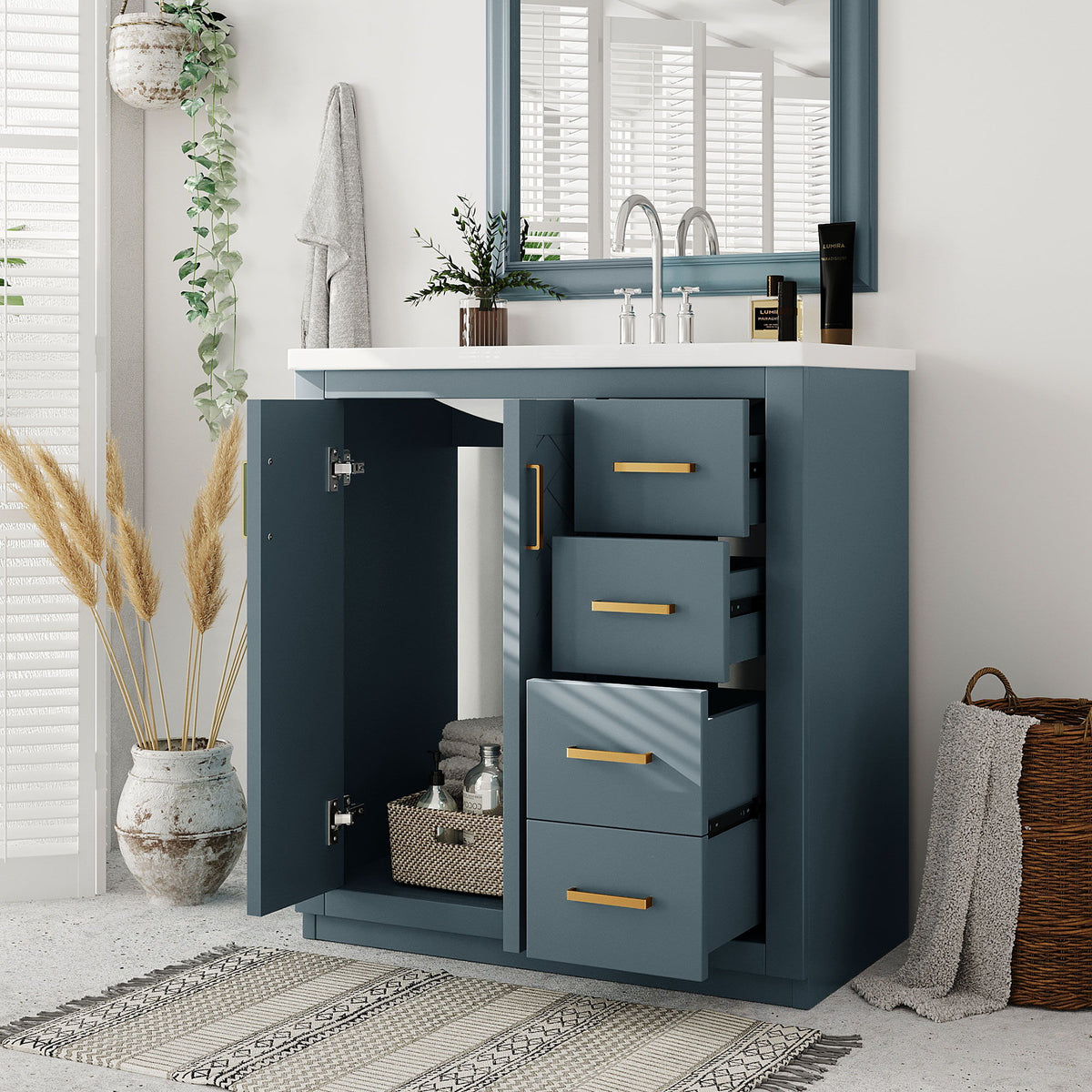 Tocador de baño con lavabo, mueble de almacenamiento, conjunto independiente con 3 cajones y puertas de cierre suave