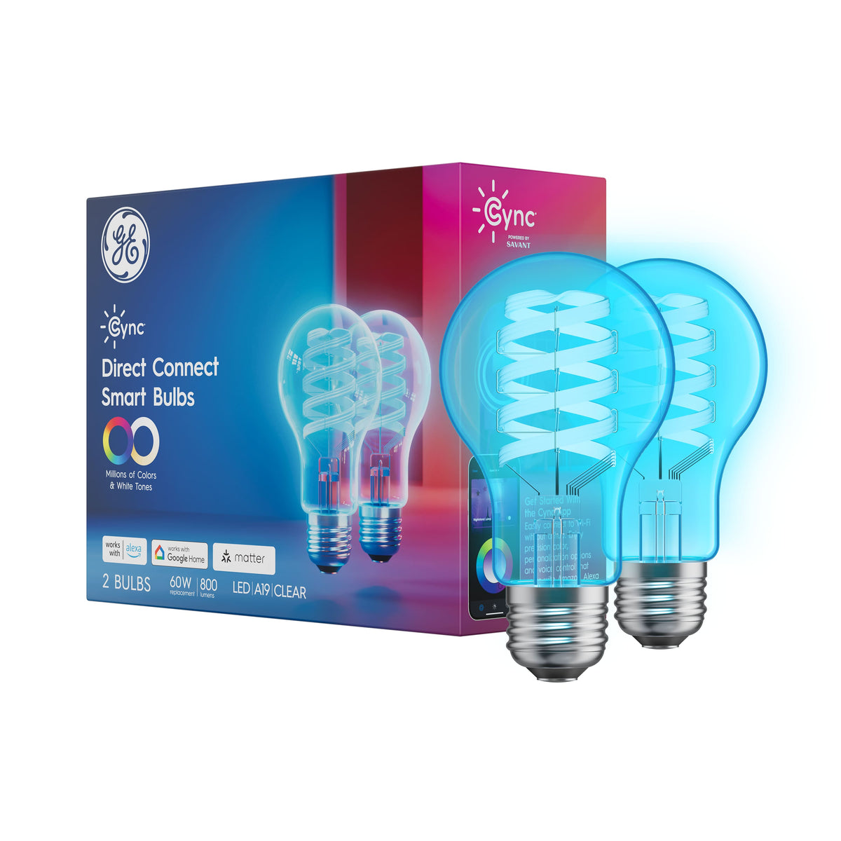 Cync - Direct Connect Clear A19 60W Smart LED Bulb (2-Pack) - Full Color