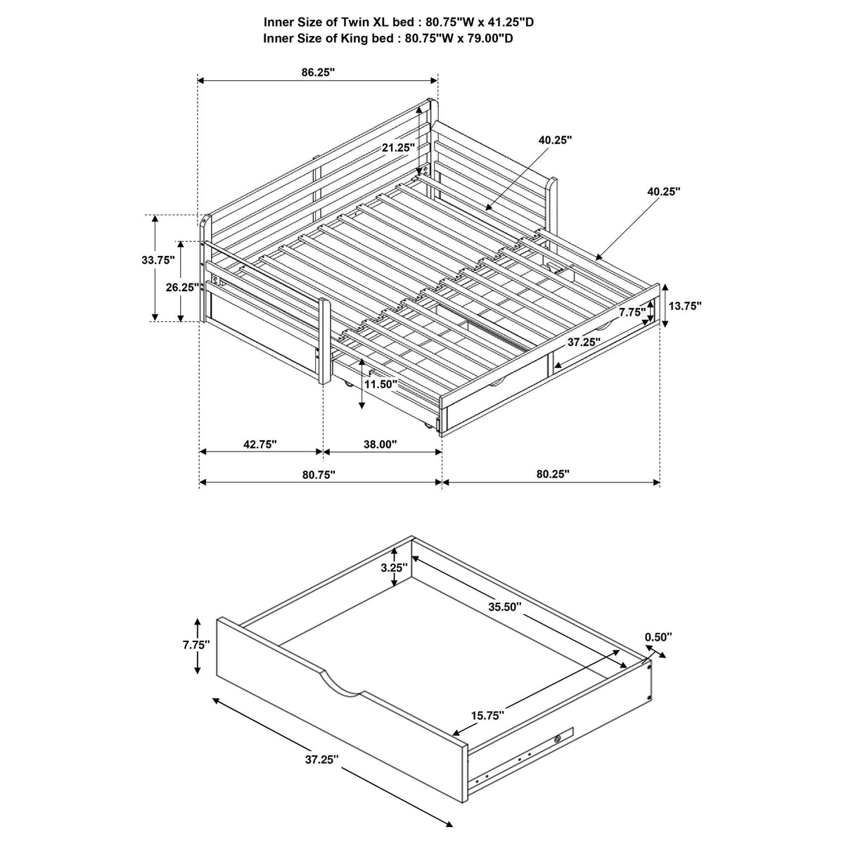 Cama nido doble larga con 2 cajones y nido extensible, cajones de almacenamiento, se adapta a un colchón estándar - Gris