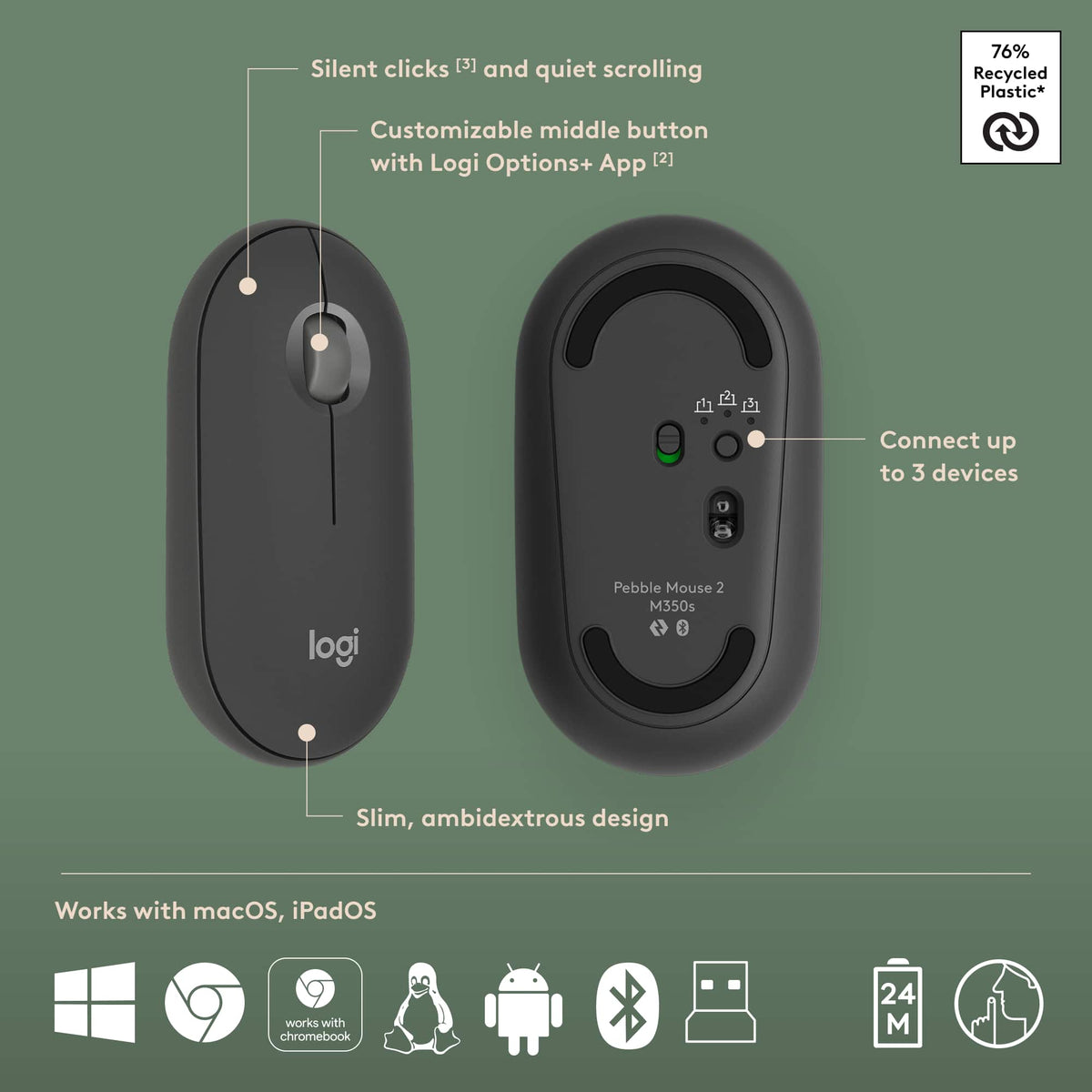 Logitech - Pebble 2 Combo Compact Wireless Scissor Keyboard and Mouse Bundle for Windows, macOS, iPadOS, Chrome - Graphite