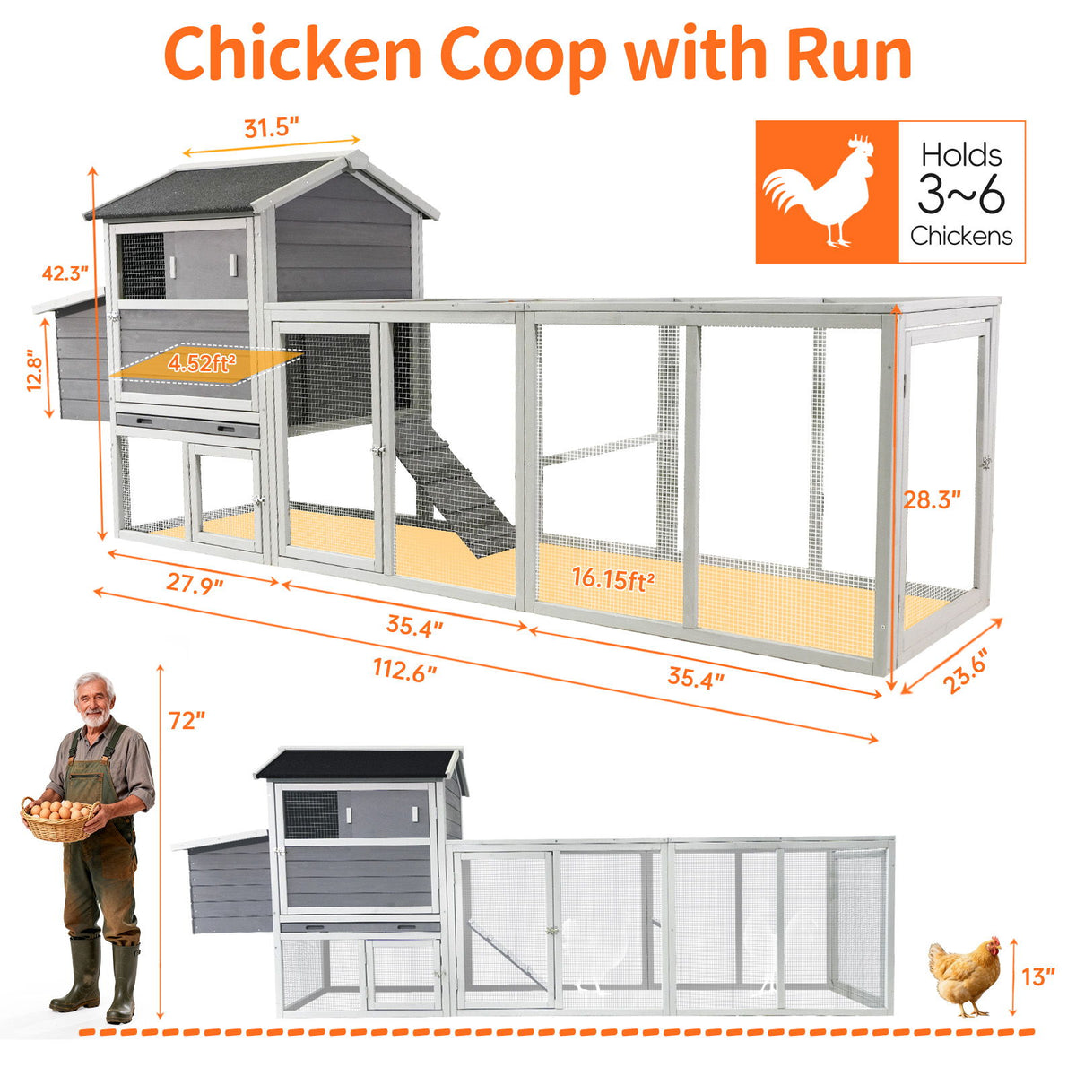 Gallinero, gran caseta exterior para gallinas con corral y caja nido para aves