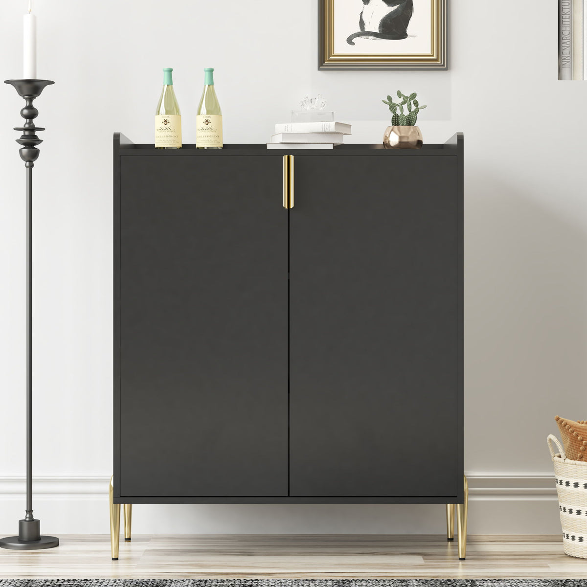 Mueble Bar Para Vinos Con Estante Ajustable, Aparador De 2 Puertas Con Bisagras De Cierre Suave Y Patas
