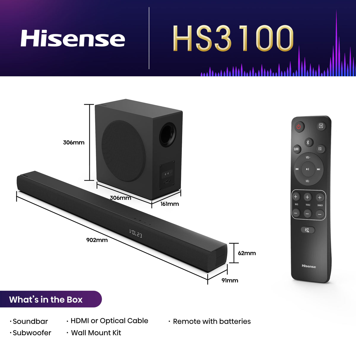 Hisense - 3.1 Channel 480W Soundbar with Wireless 6.5" Subwoofer (HS3100) - Black