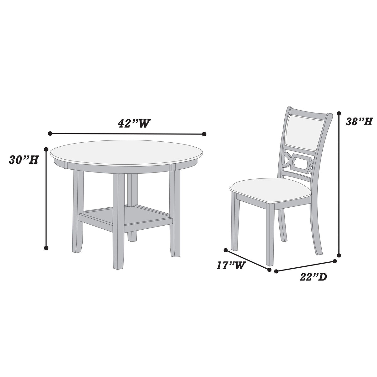Juego de comedor de 5 piezas con estantes de almacenamiento, mesa redonda y sillas laterales tapizadas - Gris