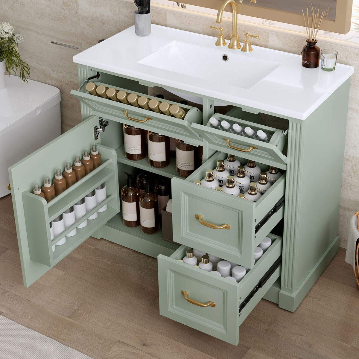 Tocador de baño moderno con lavabo, 4 cajones, puerta de cierre suave, estante ajustable