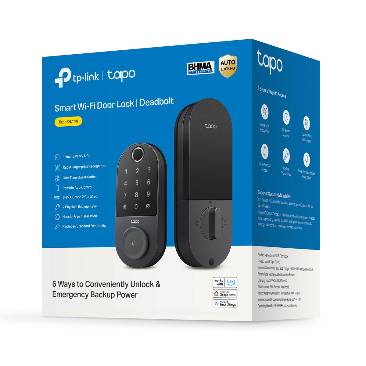 TP-Link - Tapo DL110 Smart Wi-Fi Deadbolt Lock - Lock/Unlock using Keypad, App, or Fingerprint Recognition - Replaces Most Locks - Black